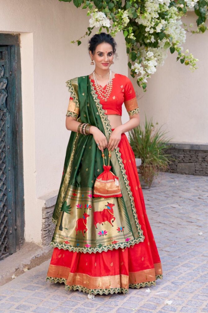 Light Red & Green Lehenga