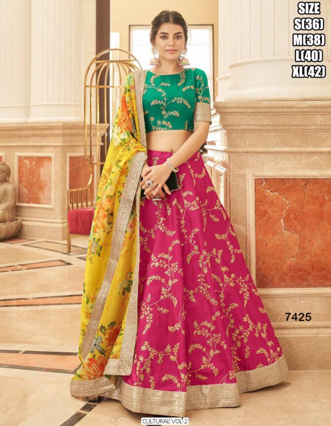 Green, Yellow and Pink Combination Lehenga
